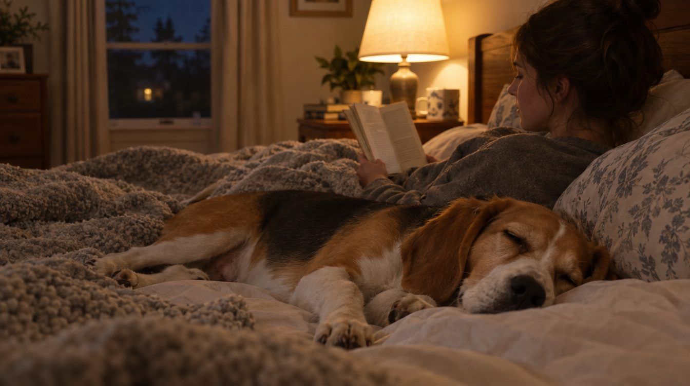 A beagle sleeping peacefully on the bed beside its owner