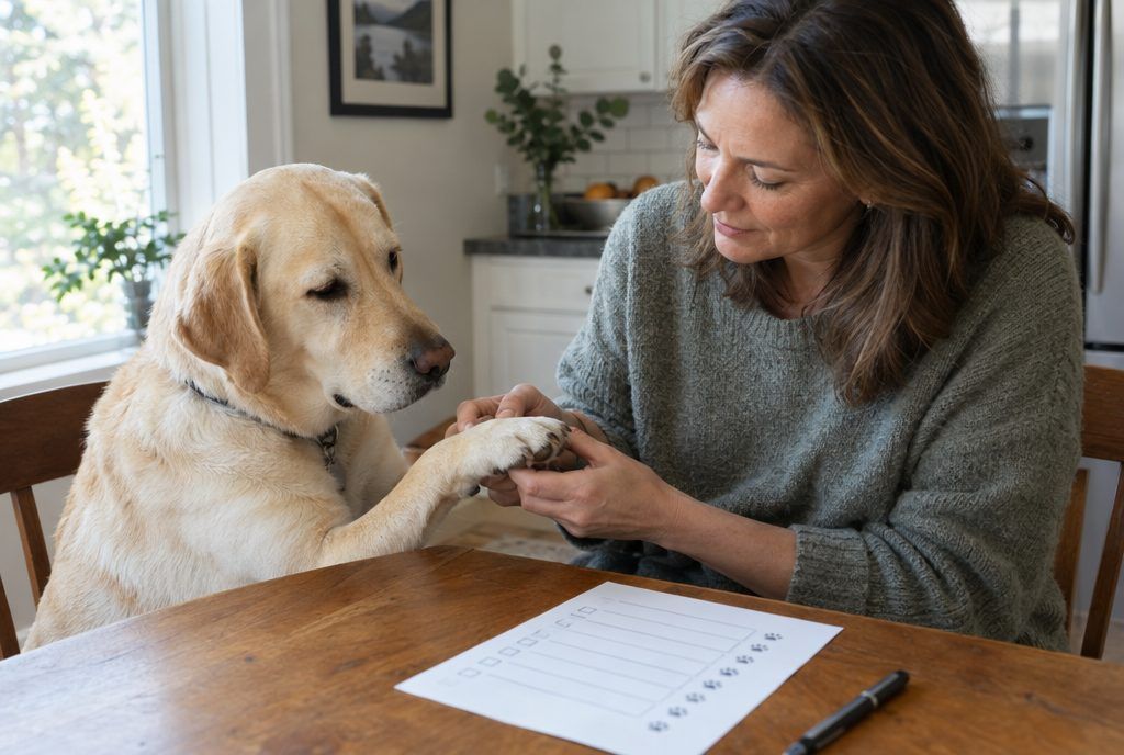 A woman gently checking her yellow labrador’s paw at the kitchen table