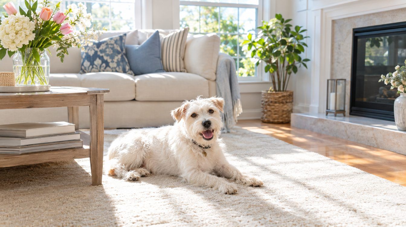 A small white terrier relaxing on a clean cream rug in a bright living room