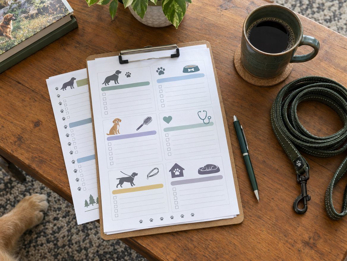 Printed dog care checklists on a clipboard next to a coffee mug and a leash