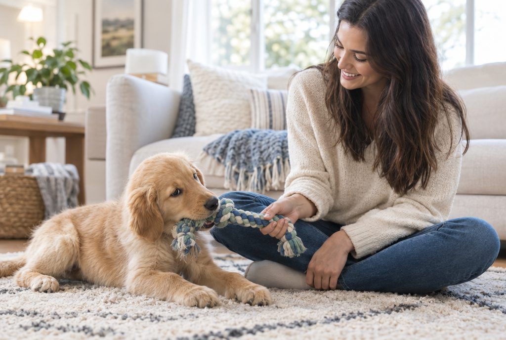 A woman on a living room rug offering a rope toy to a golden retriever puppy